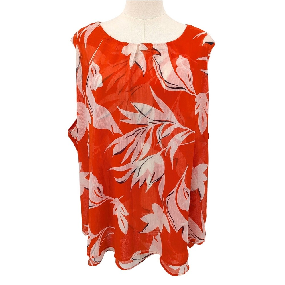 Flowy Red Tropical Floral Sleeveless‎ Blouse Lightweight Airy Fit